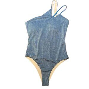 Blue Lurex Sparkle One Shoulder One Piece Swimsuit Medium